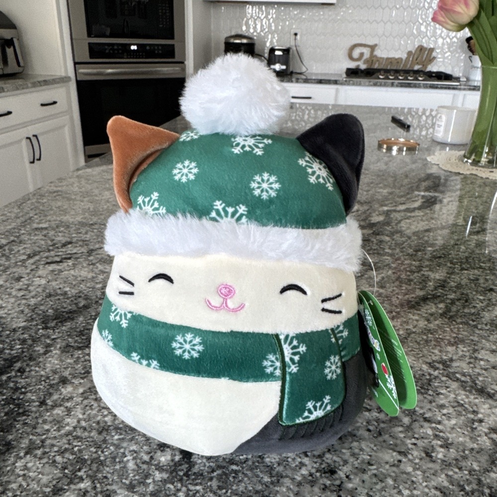 Brand New Clean Squishmallows Cam the Cat Christmas Green Scarf 8 in